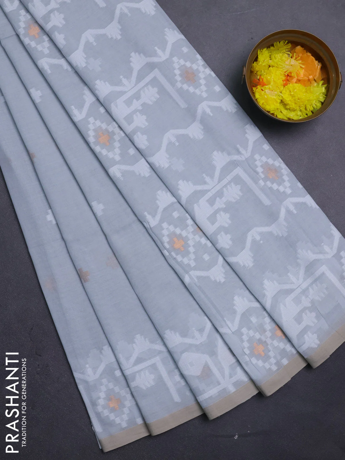 Bengal soft cotton saree grey and sandal with thread & zari woven buttas and thread woven border