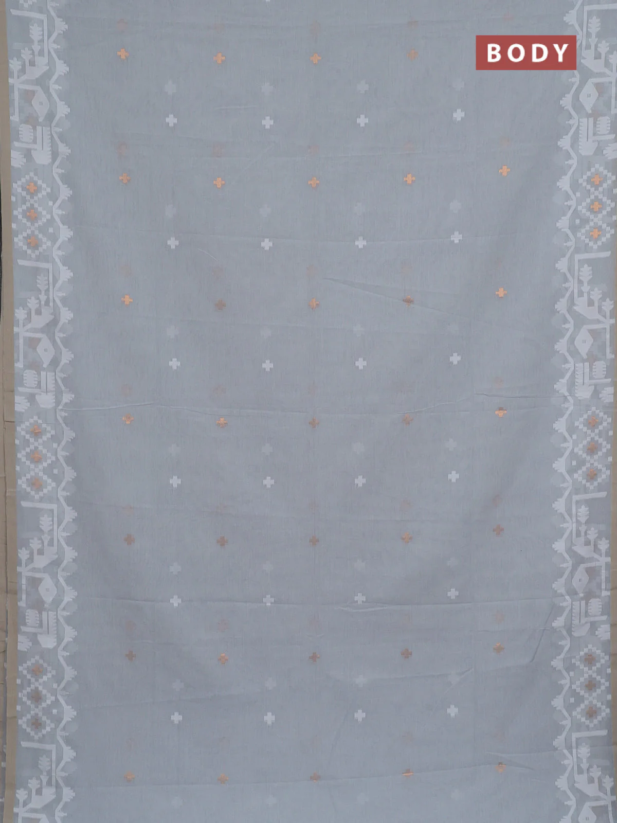 Bengal soft cotton saree grey and sandal with thread & zari woven buttas and thread woven border - Image 2