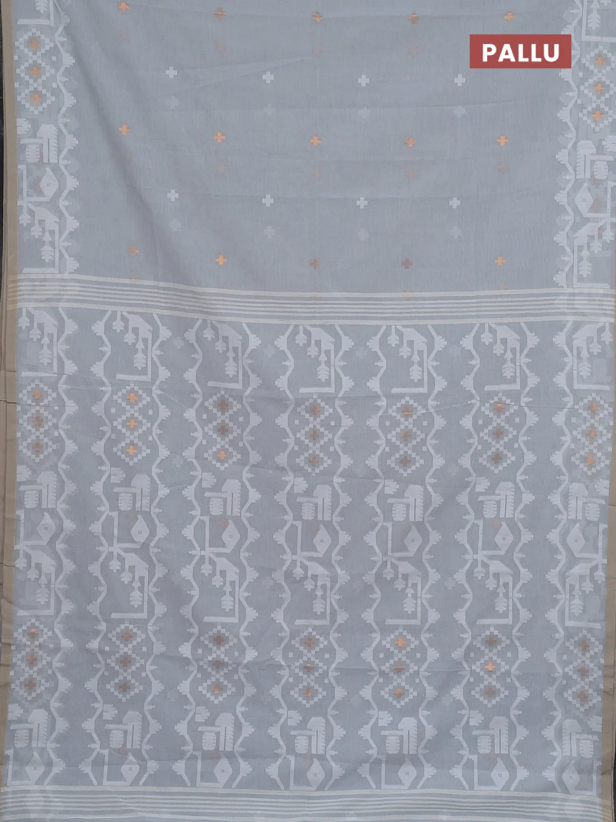 Bengal soft cotton saree grey and sandal with thread & zari woven buttas and thread woven border - Image 3