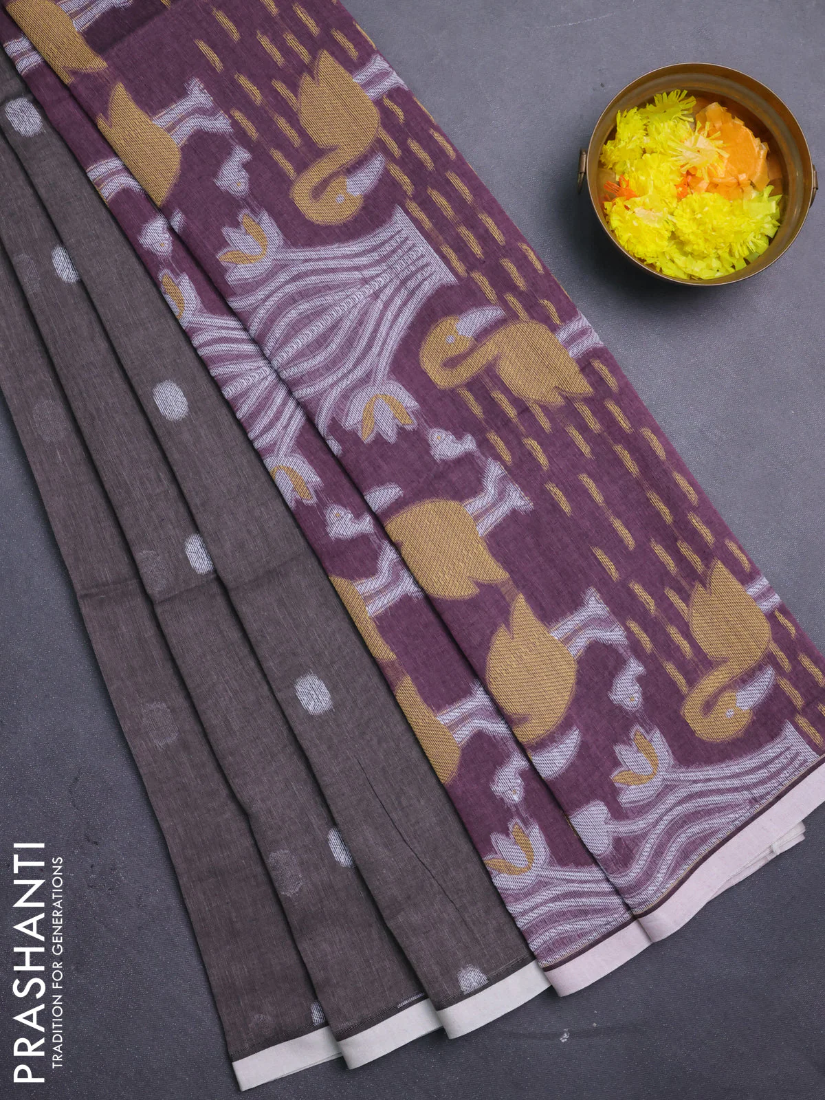 Bengal soft cotton saree grey and wine shade with thread woven buttas and piping border