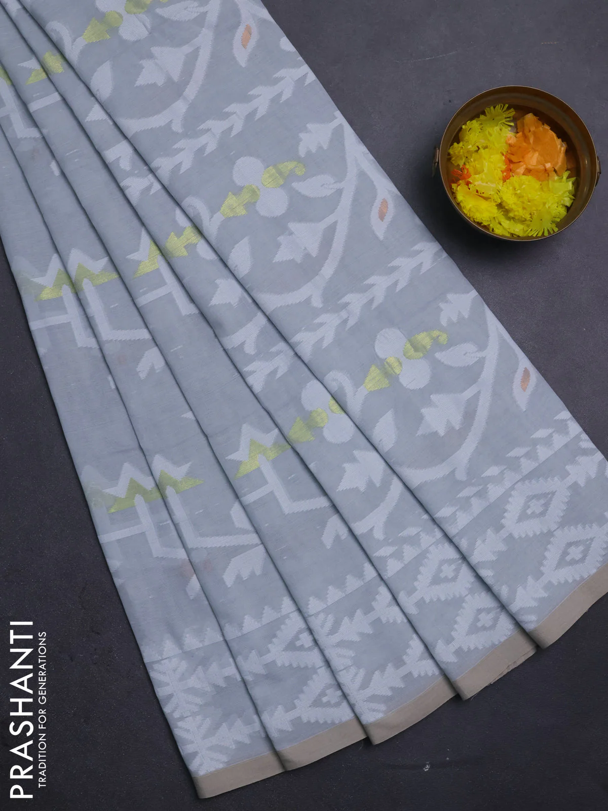 Bengal soft cotton saree grey with allover thread weaves and thread woven border