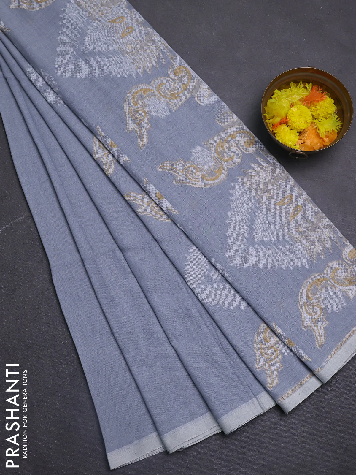 Bengal soft cotton saree grey with thread woven buttas and piping border