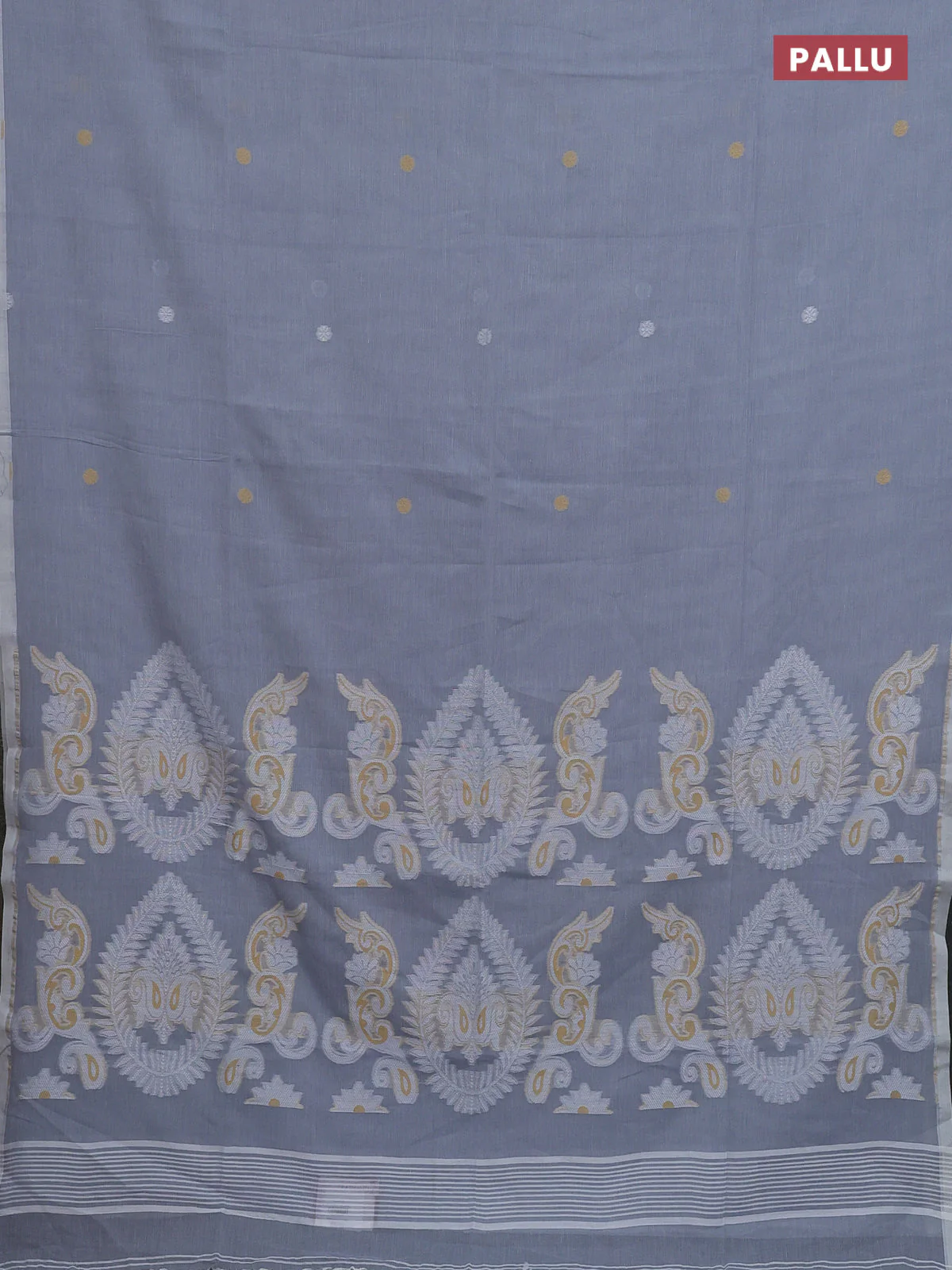 Bengal soft cotton saree grey with thread woven buttas and piping border - Image 3