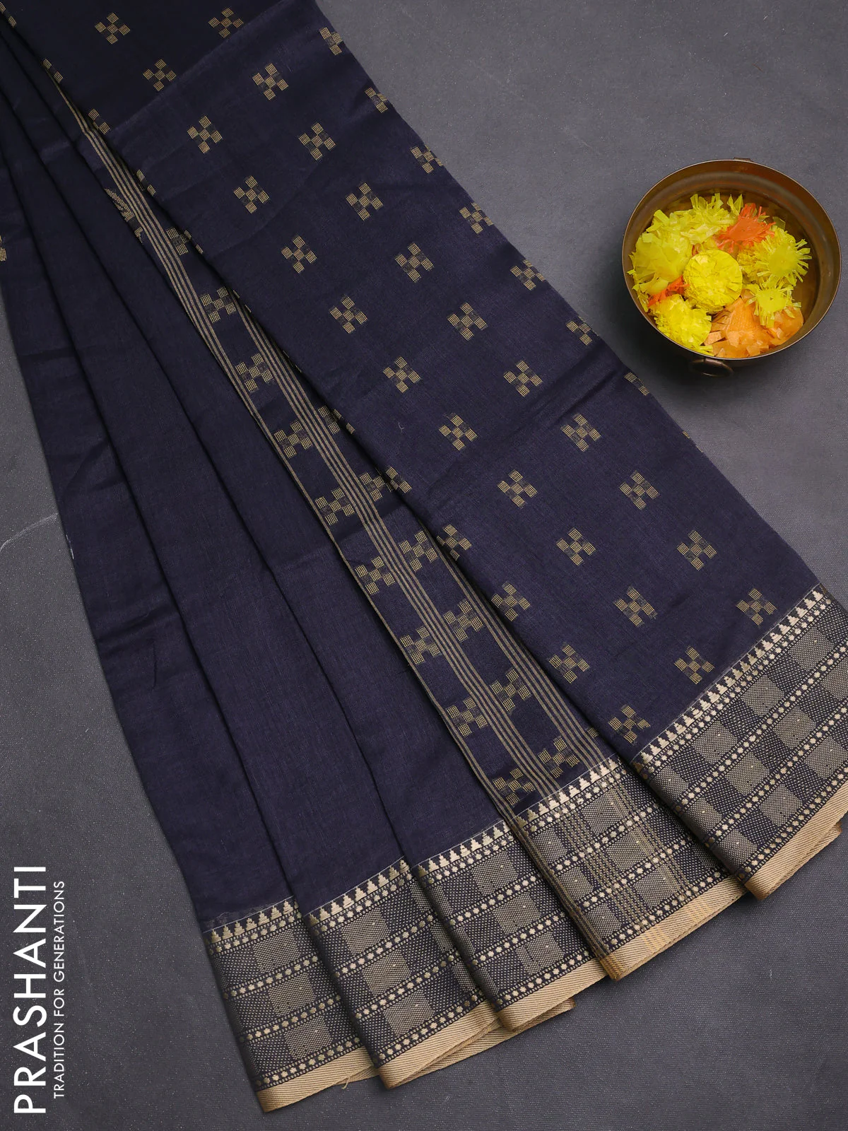 Bengal soft cotton saree grey with thread woven buttas and temple design thread woven border