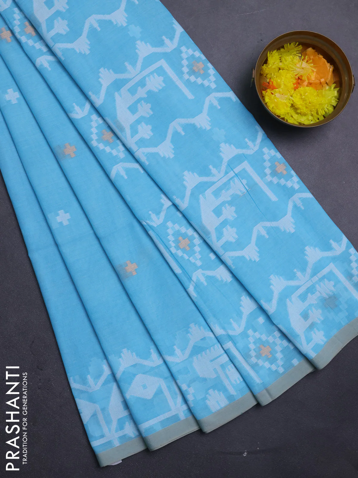 Bengal soft cotton saree light blue and sandal with thread & zari woven buttas and thread woven border