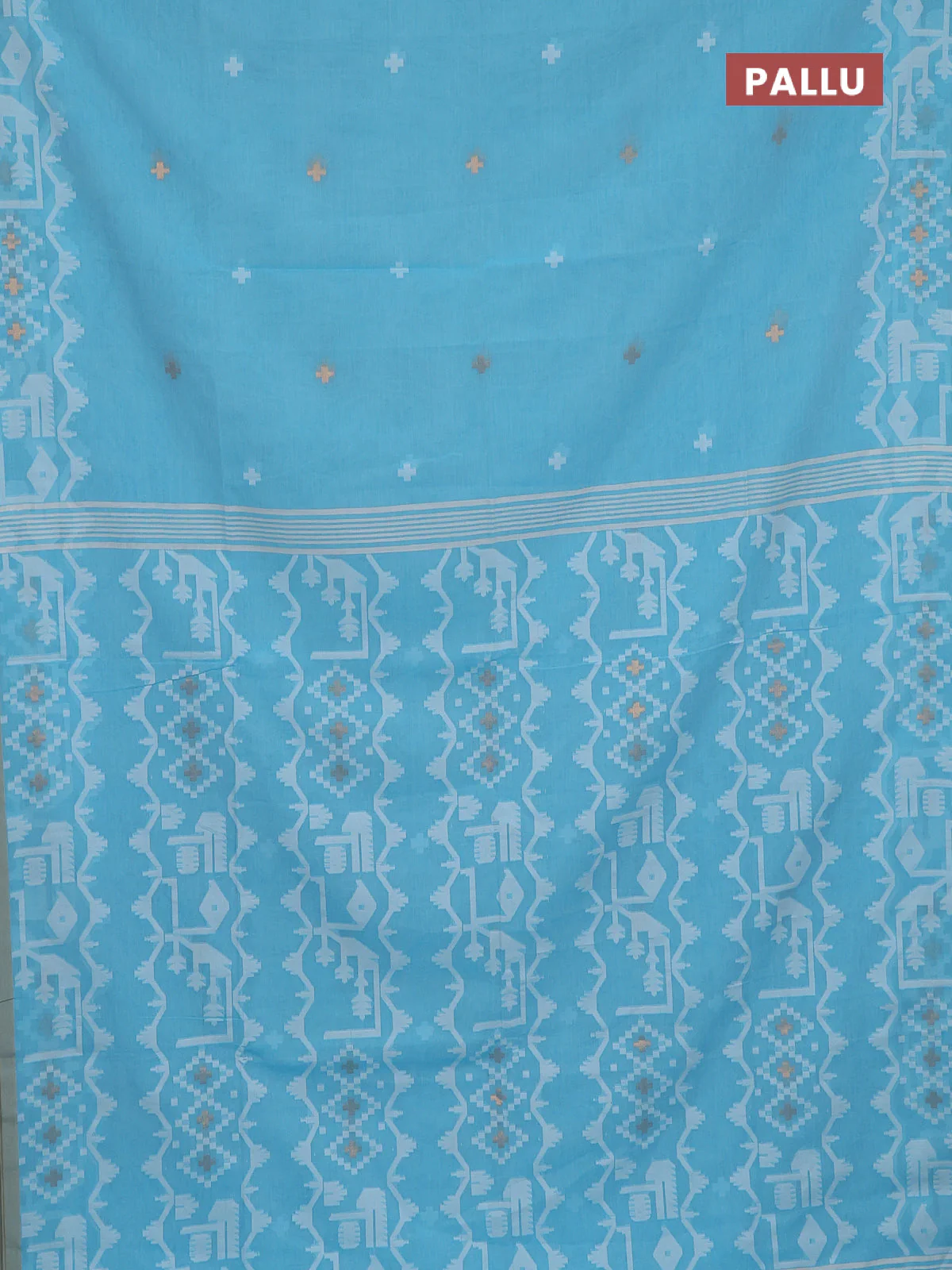 Bengal soft cotton saree light blue and sandal with thread & zari woven buttas and thread woven border - Image 3