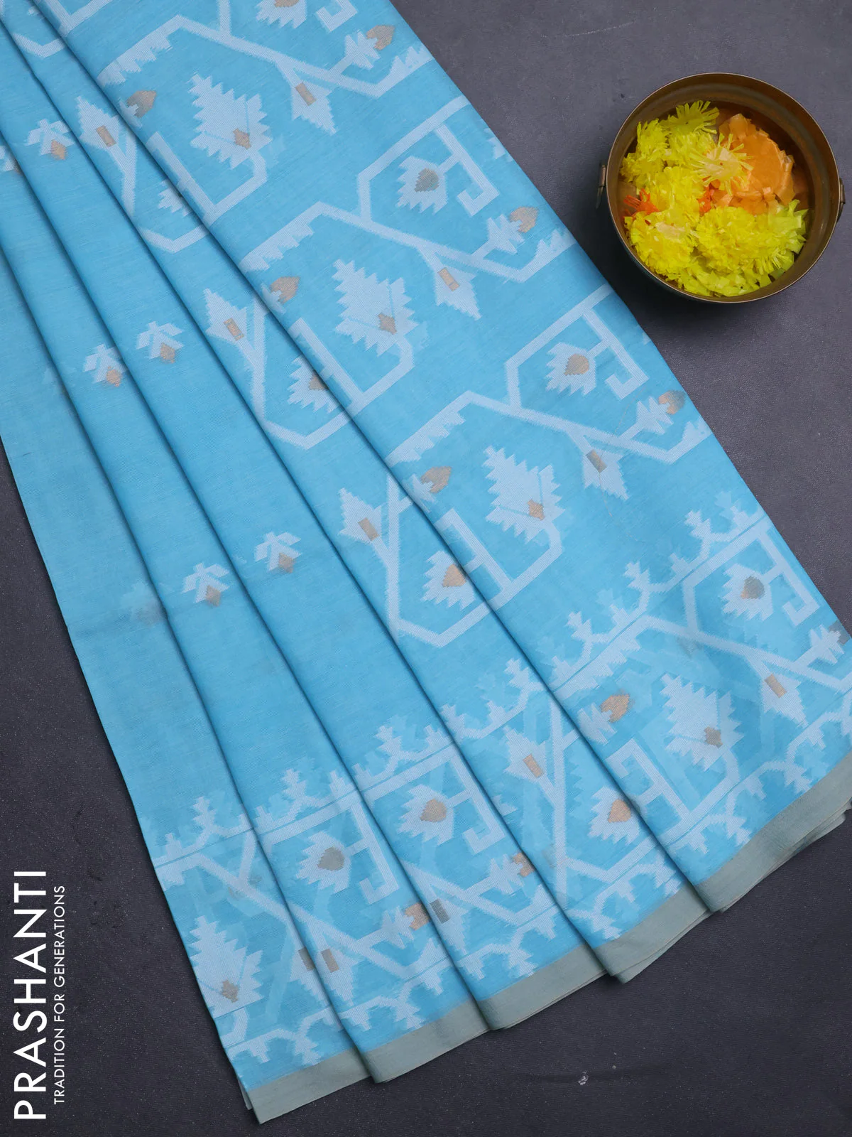 Bengal soft cotton saree light blue and sandal with thread & zari woven buttas and thread woven border