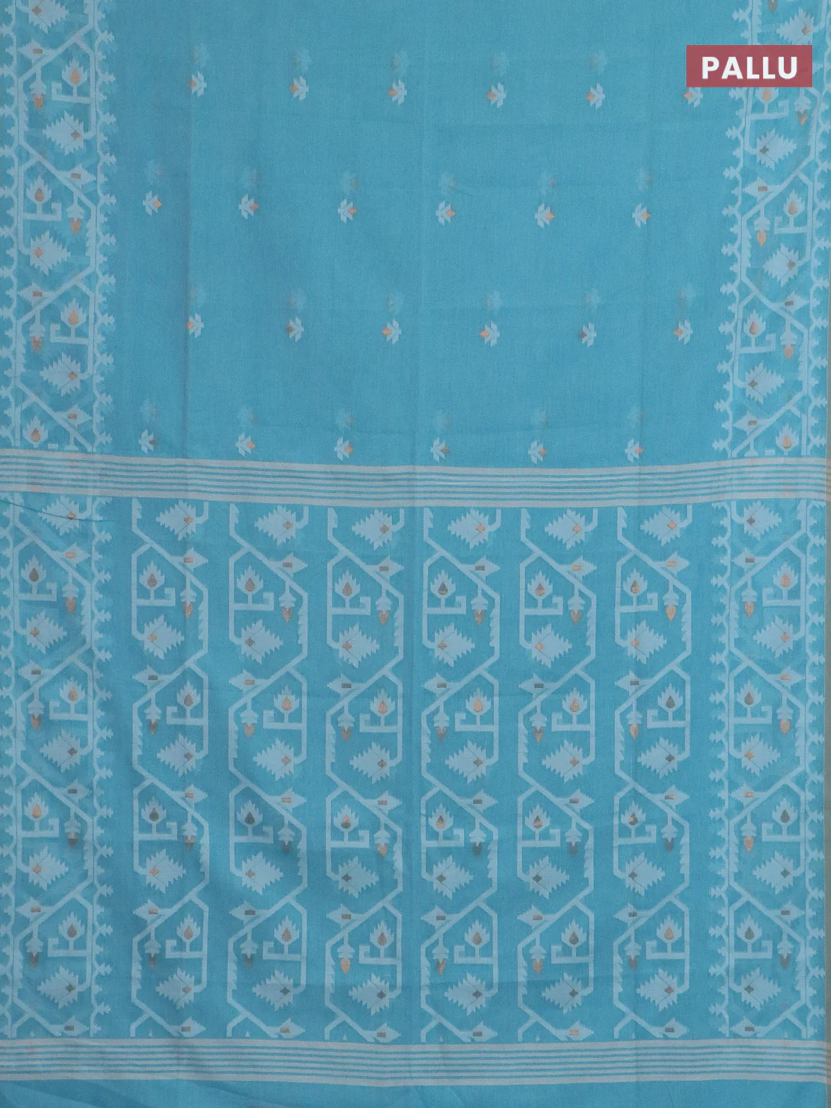 Bengal soft cotton saree light blue and sandal with thread & zari woven buttas and thread woven border - Image 3