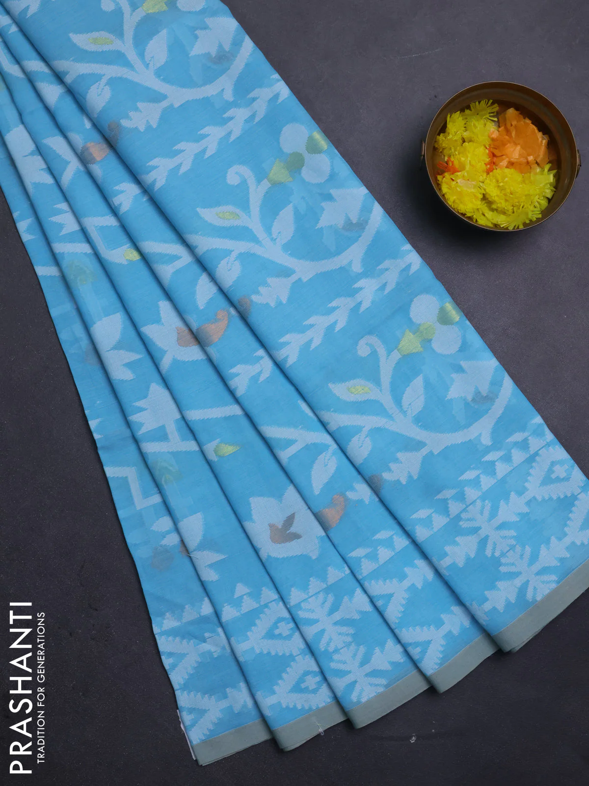 Bengal soft cotton saree light blue with allover thread weaves and thread woven border