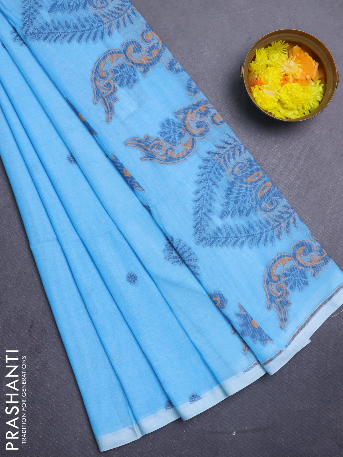 Bengal soft cotton saree light blue with thread woven buttas and piping border