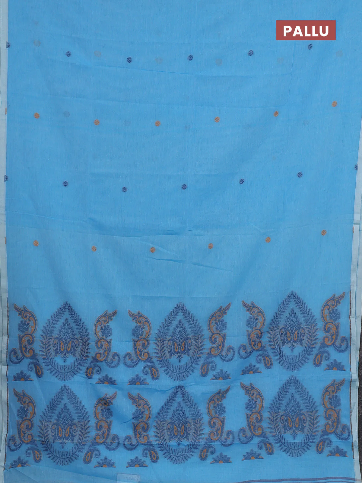 Bengal soft cotton saree light blue with thread woven buttas and piping border - Image 3