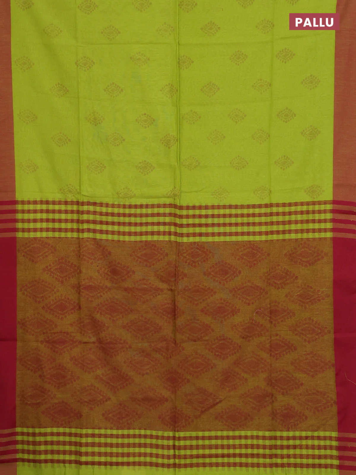 Bengal soft cotton saree light green and maroon with allover butta weaves and simple border - Image 3