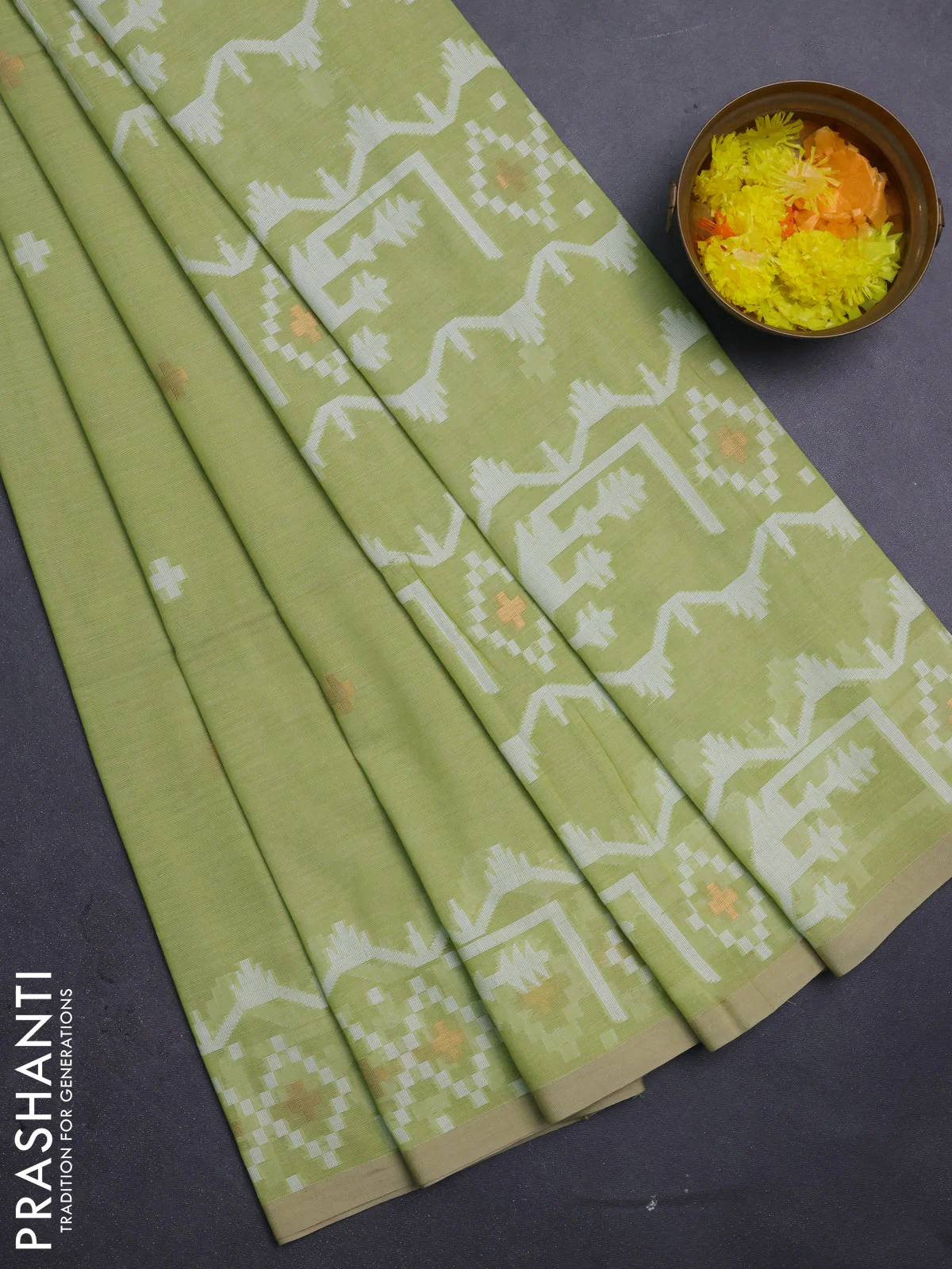 Bengal soft cotton saree light green and sandal with thread & zari woven buttas and thread woven border