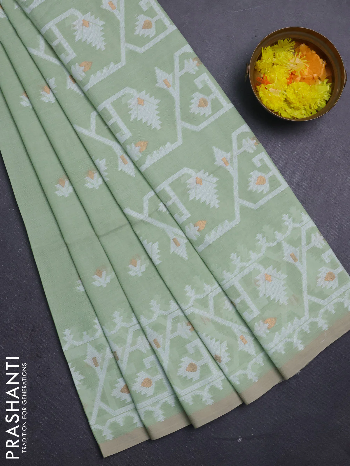 Bengal soft cotton saree light green and sandal with thread & zari woven buttas and thread woven border