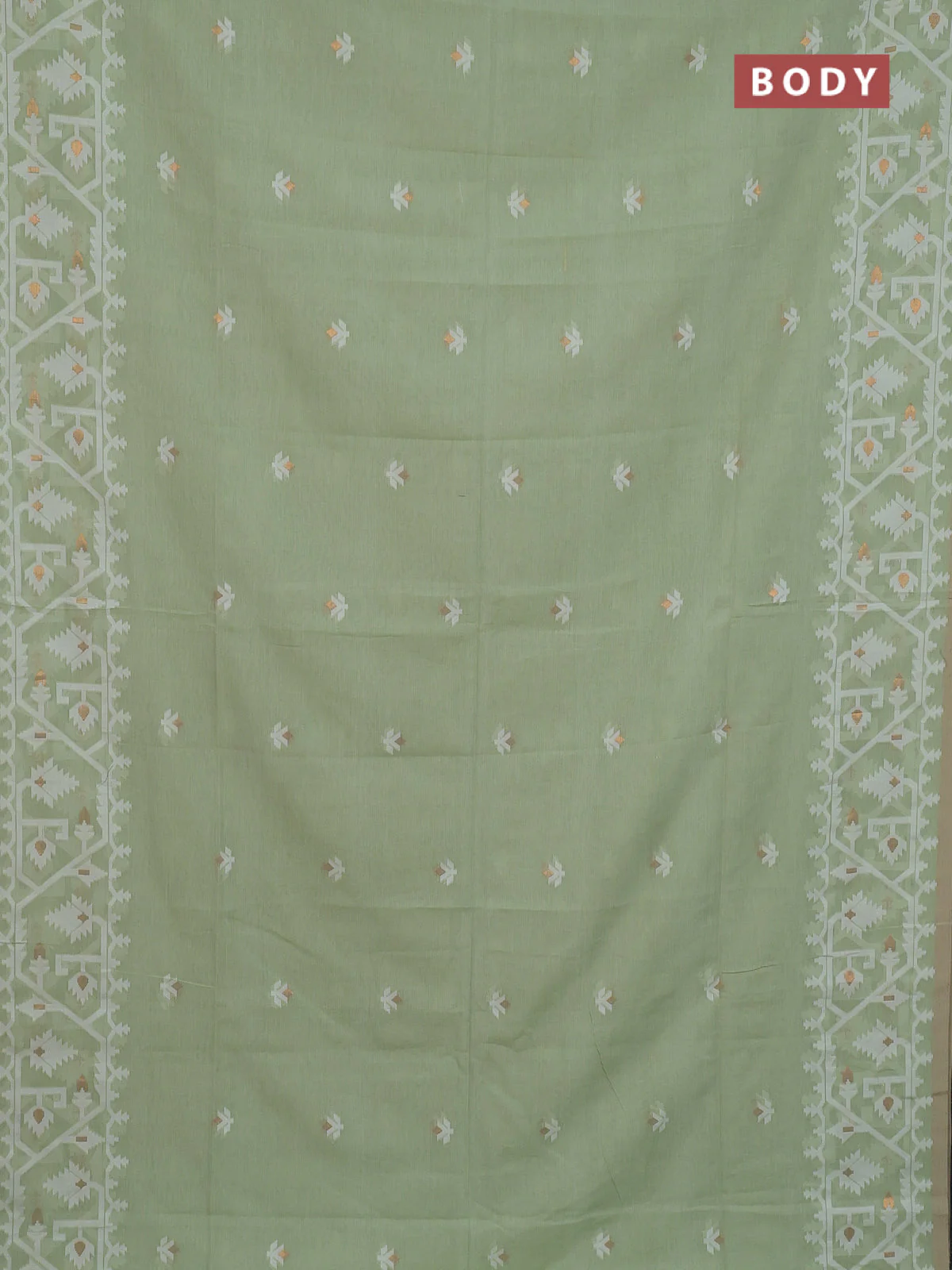 Bengal soft cotton saree light green and sandal with thread & zari woven buttas and thread woven border - Image 2