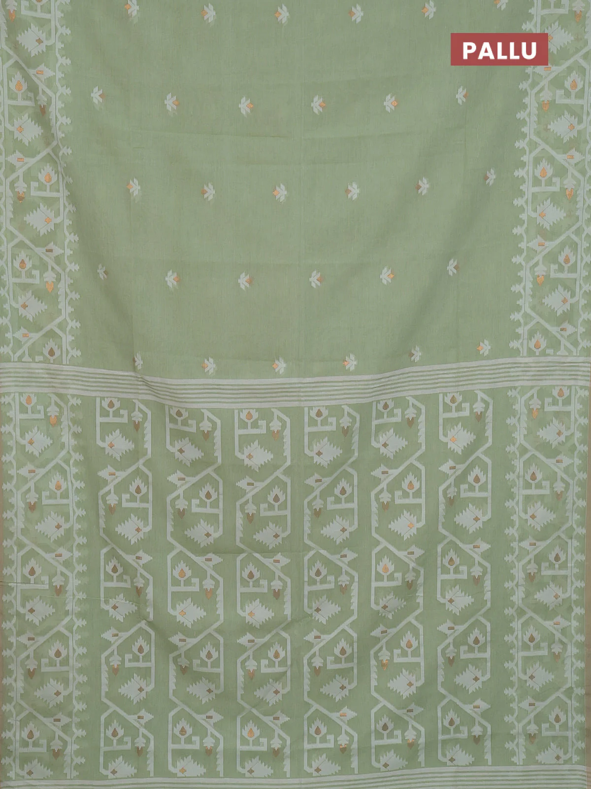 Bengal soft cotton saree light green and sandal with thread & zari woven buttas and thread woven border - Image 3