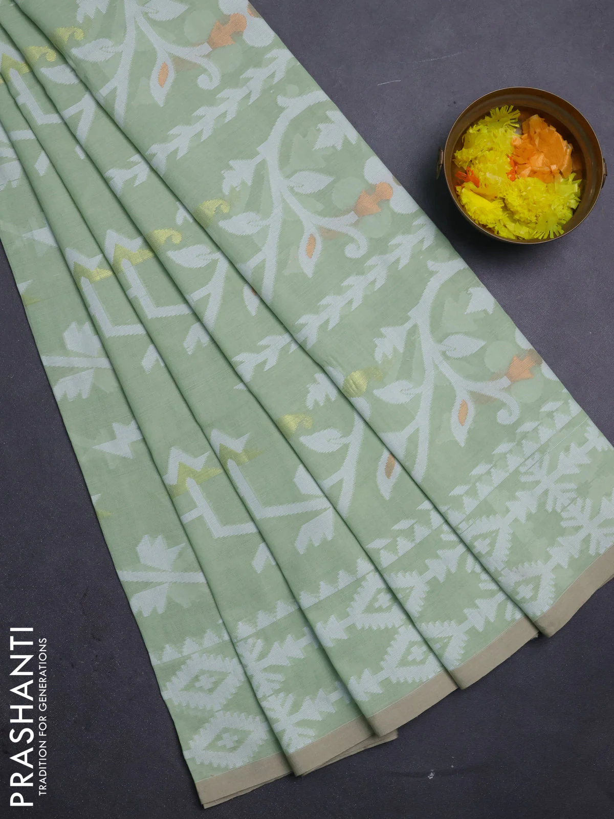 Bengal soft cotton saree light green with allover thread weaves and thread woven border