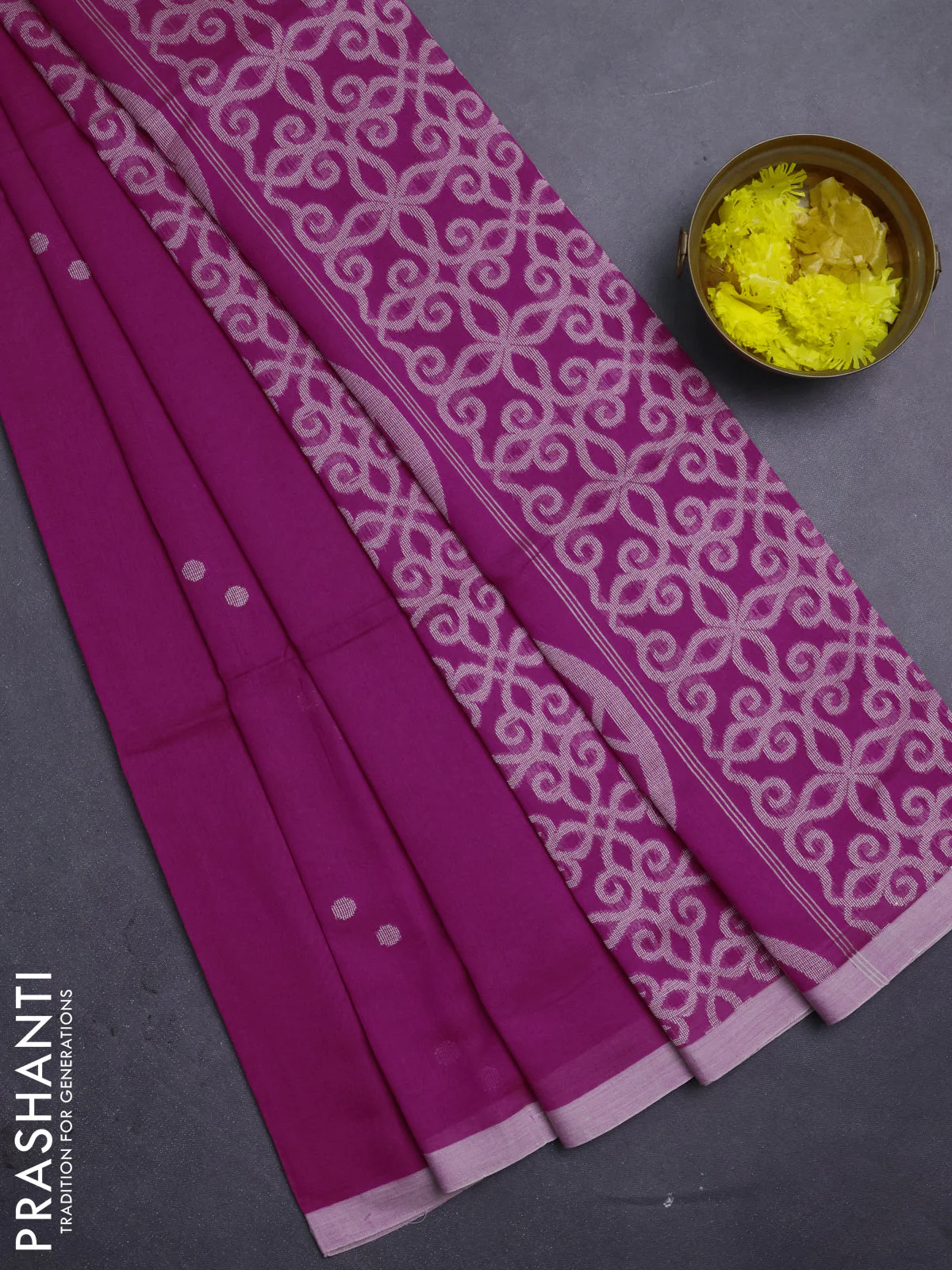 Bengal soft cotton saree magenta pink and beige with thread woven buttas and piping border