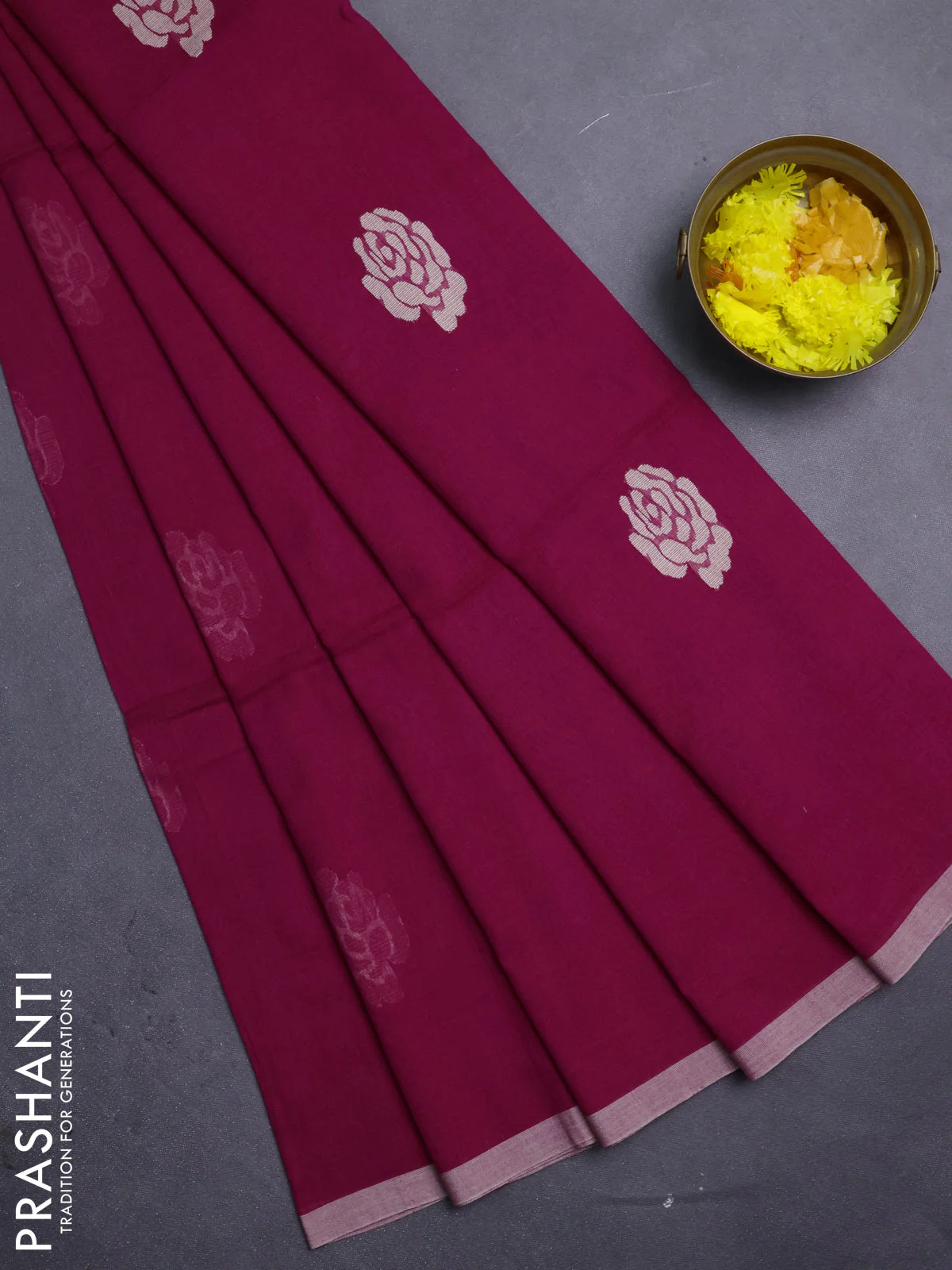 Bengal soft cotton saree magenta pink with thread woven buttas and piping border