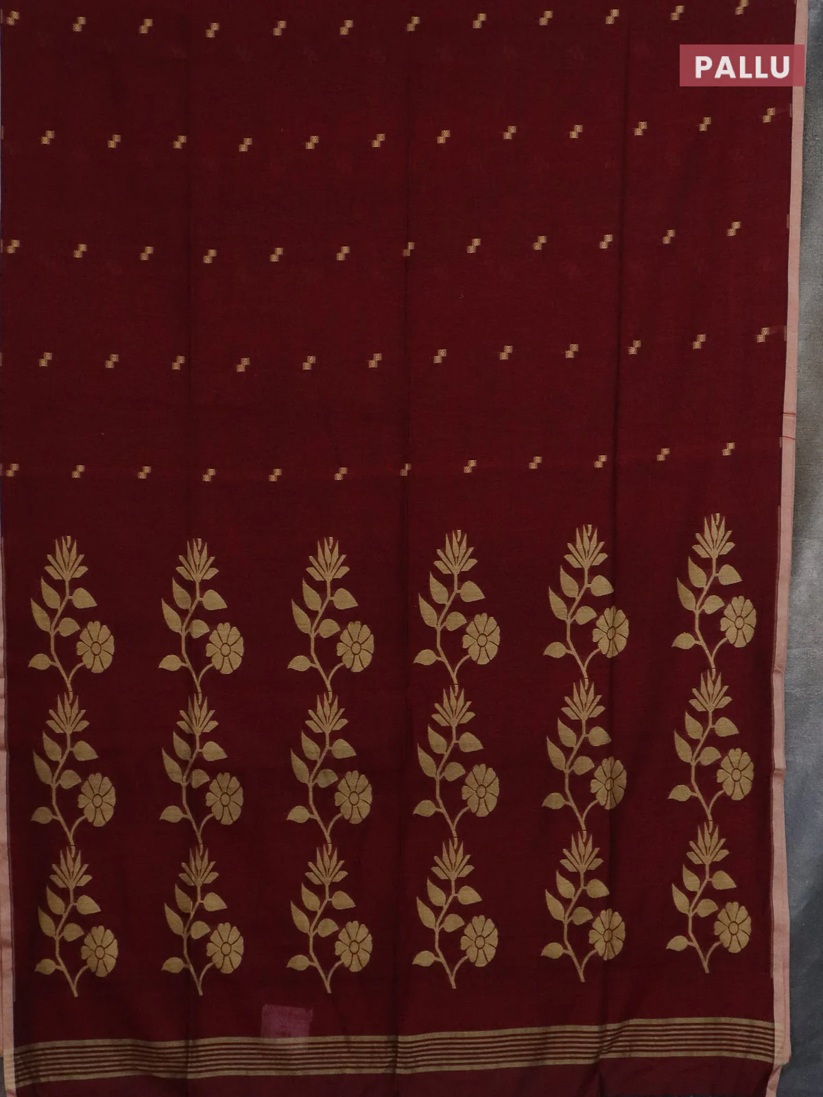 Bengal soft cotton saree maroon and beige with thread woven buttas and piping border - Image 3