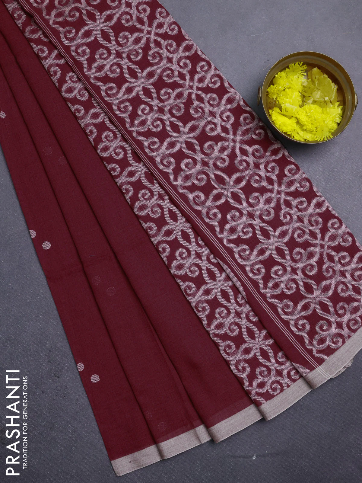Bengal soft cotton saree maroon and beige with thread woven buttas and piping border