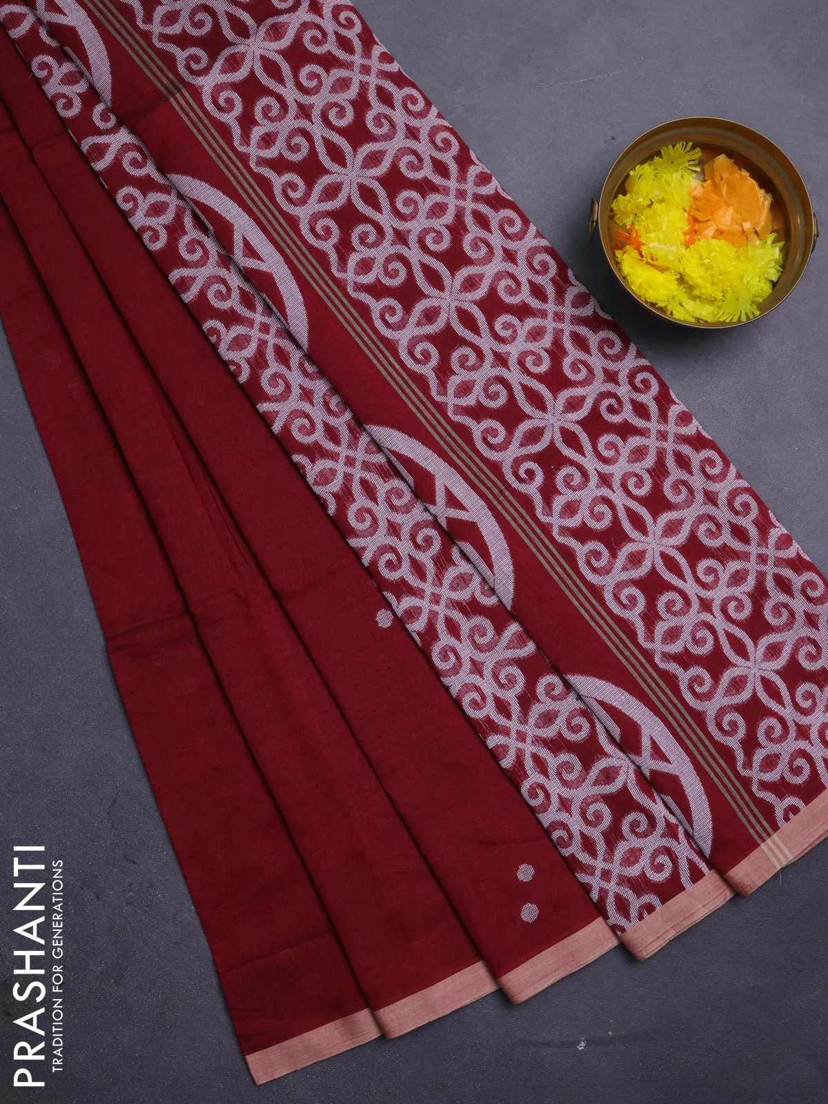 Bengal soft cotton saree maroon and beige with thread woven buttas and piping border