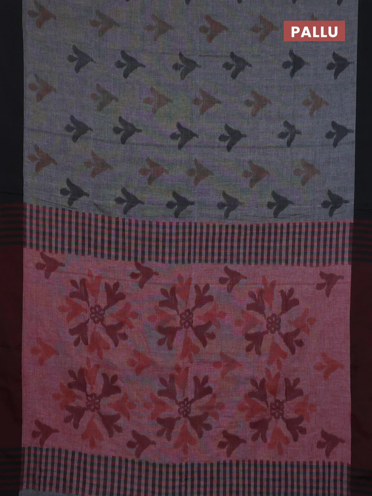 Bengal soft cotton saree maroon and black with allover weaves and simple border - Image 3