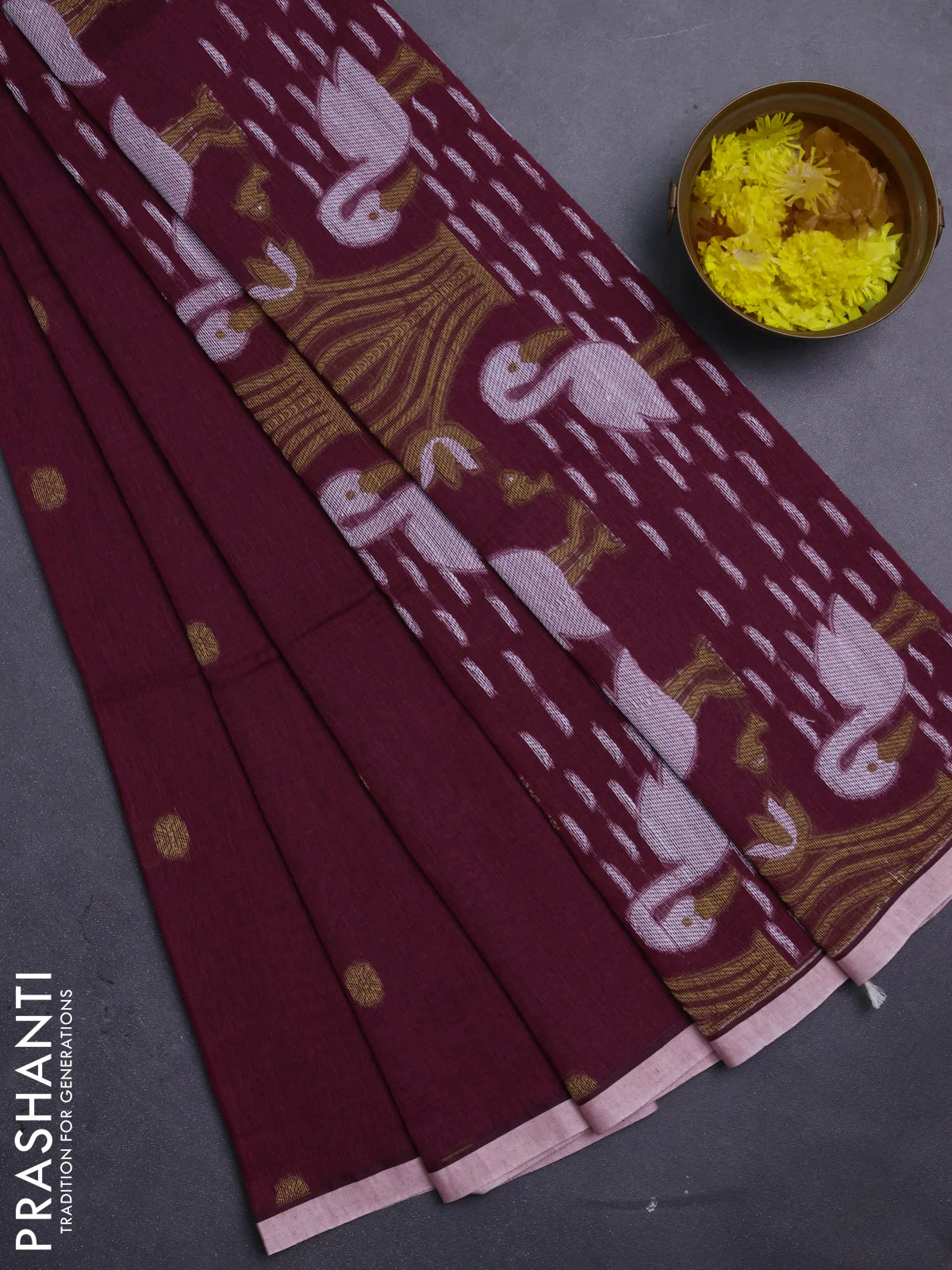 Bengal soft cotton saree maroon and off white with thread woven buttas and piping border