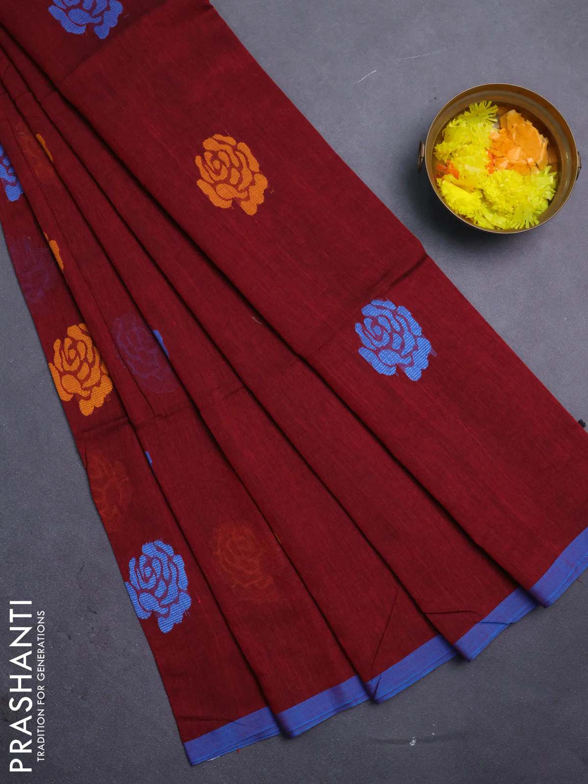 Bengal soft cotton saree maroon with thread woven buttas and piping border