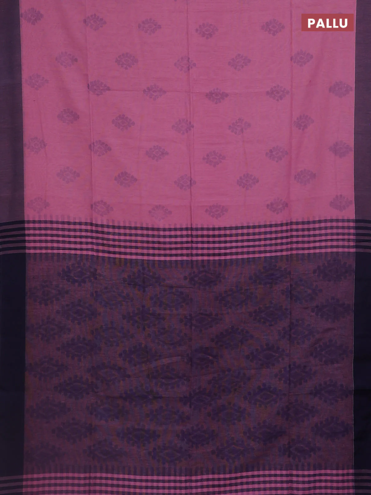 Bengal soft cotton saree mauve pink and blue with allover butta weaves and simple border - Image 3