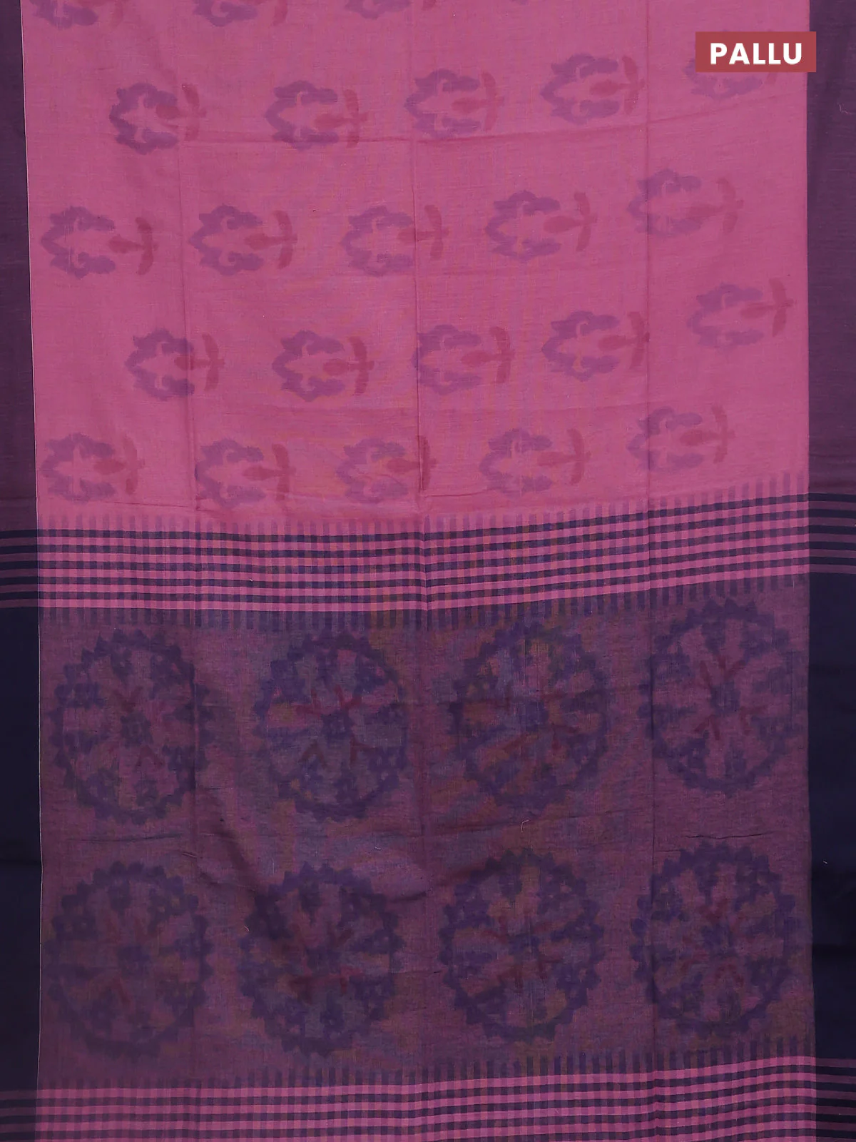 Bengal soft cotton saree mauve pink and navy blue with allover butta weaves and simple border - Image 3