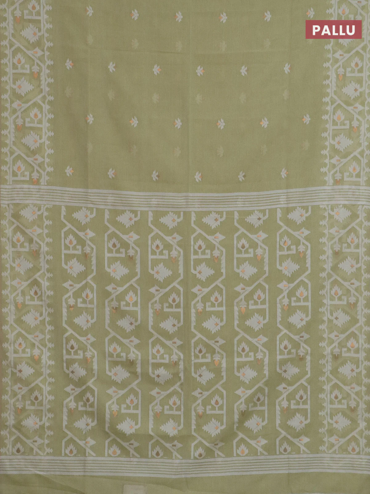 Bengal soft cotton saree mild pista green and sandal with thread & zari woven buttas and thread woven border - Image 3