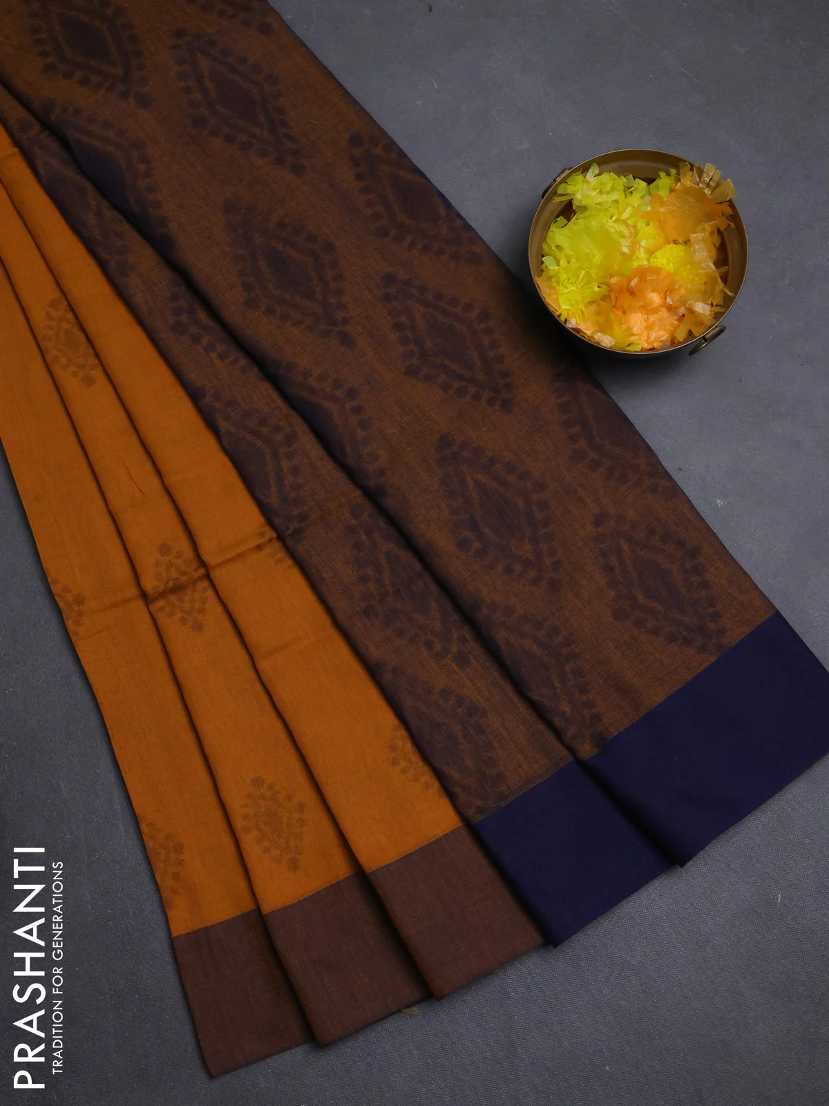 Bengal soft cotton saree mustard shade and navy blue with butta weaves and simple border