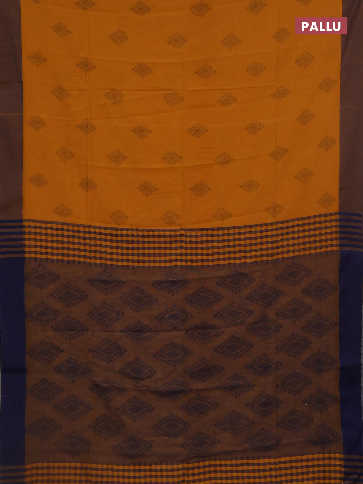Bengal soft cotton saree mustard shade and navy blue with butta weaves and simple border - Image 3