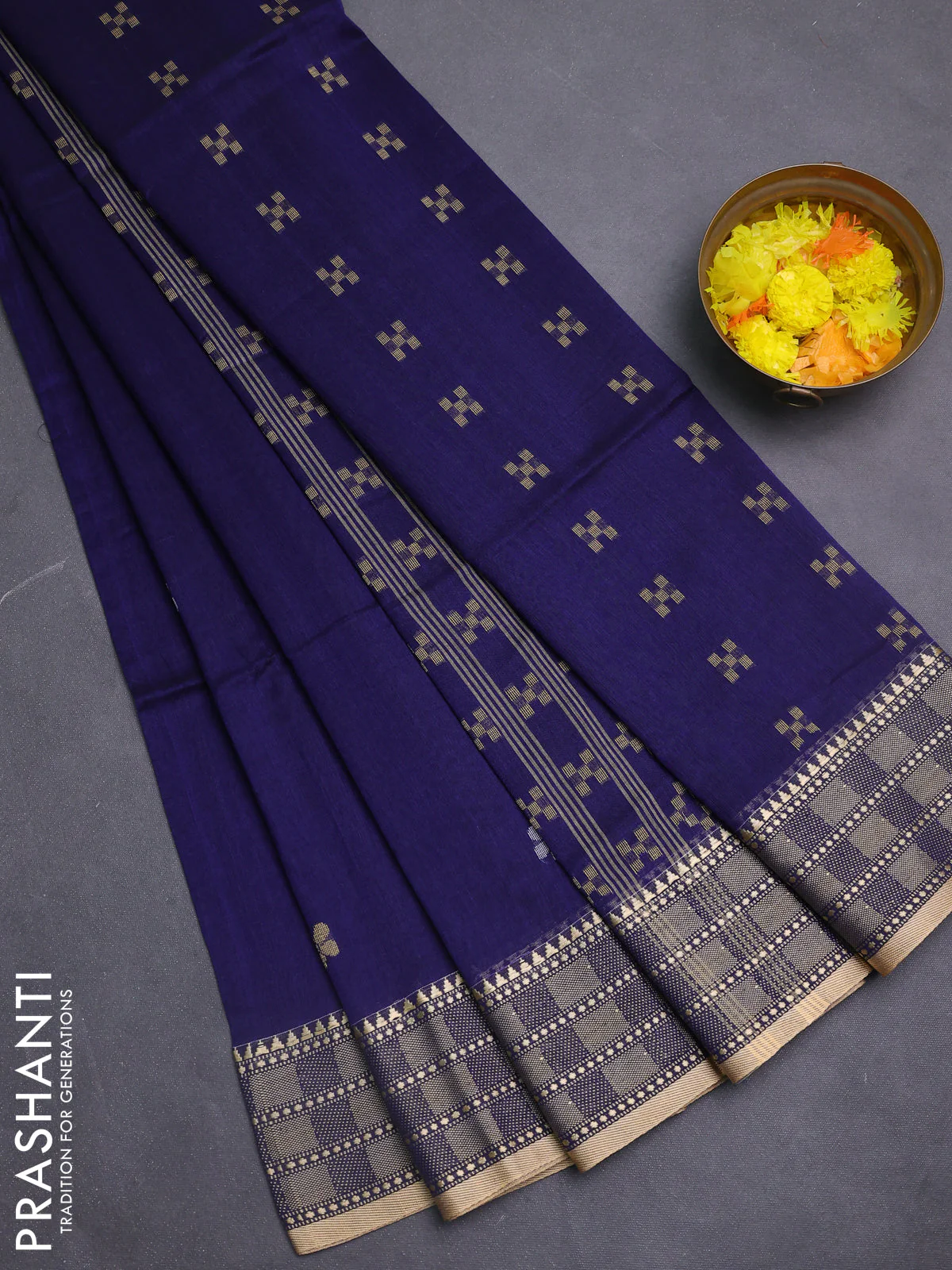 Bengal soft cotton saree navy blue with thread woven buttas and temple design thread woven border