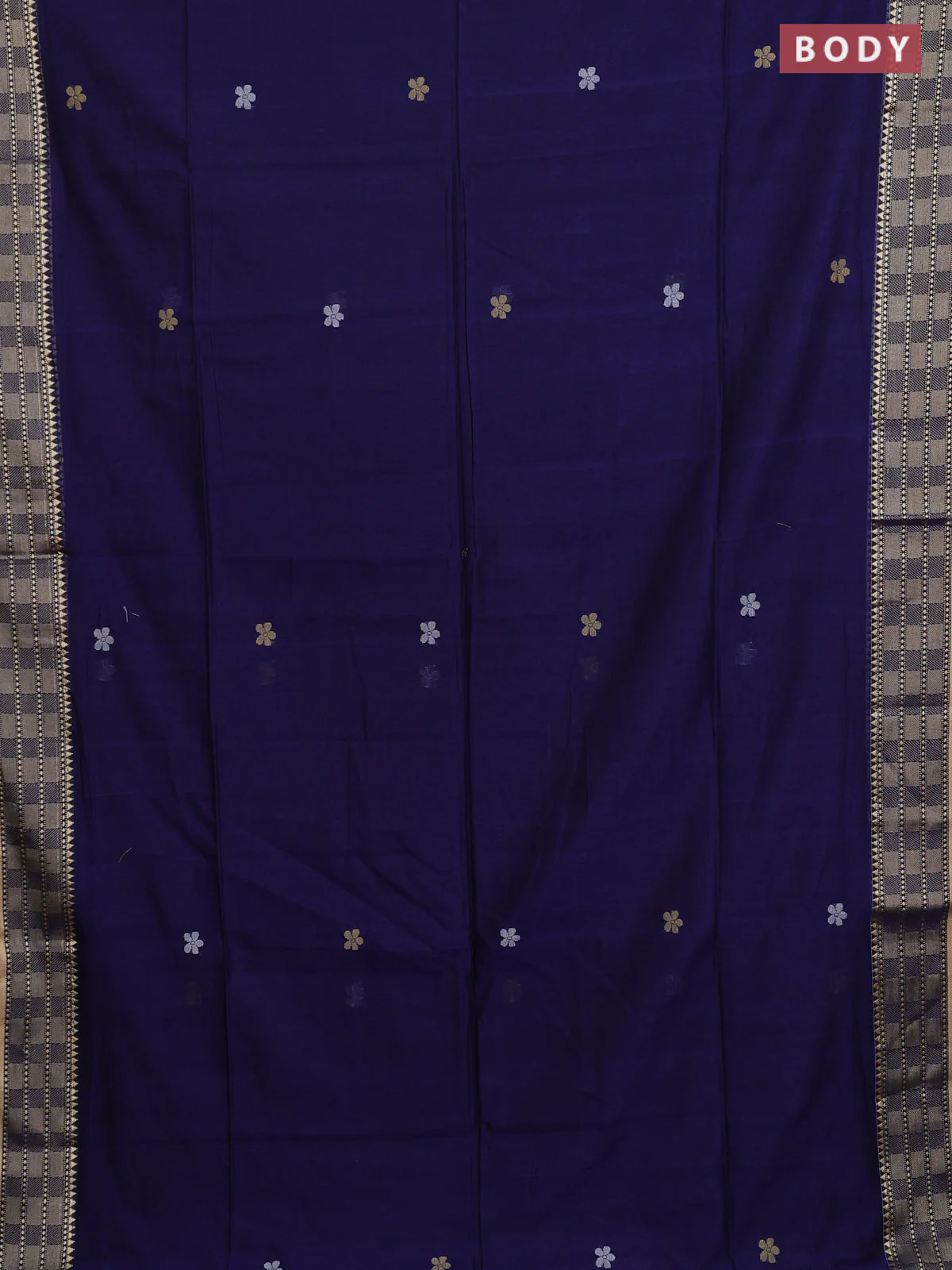 Bengal soft cotton saree navy blue with thread woven buttas and temple design thread woven border - Image 2