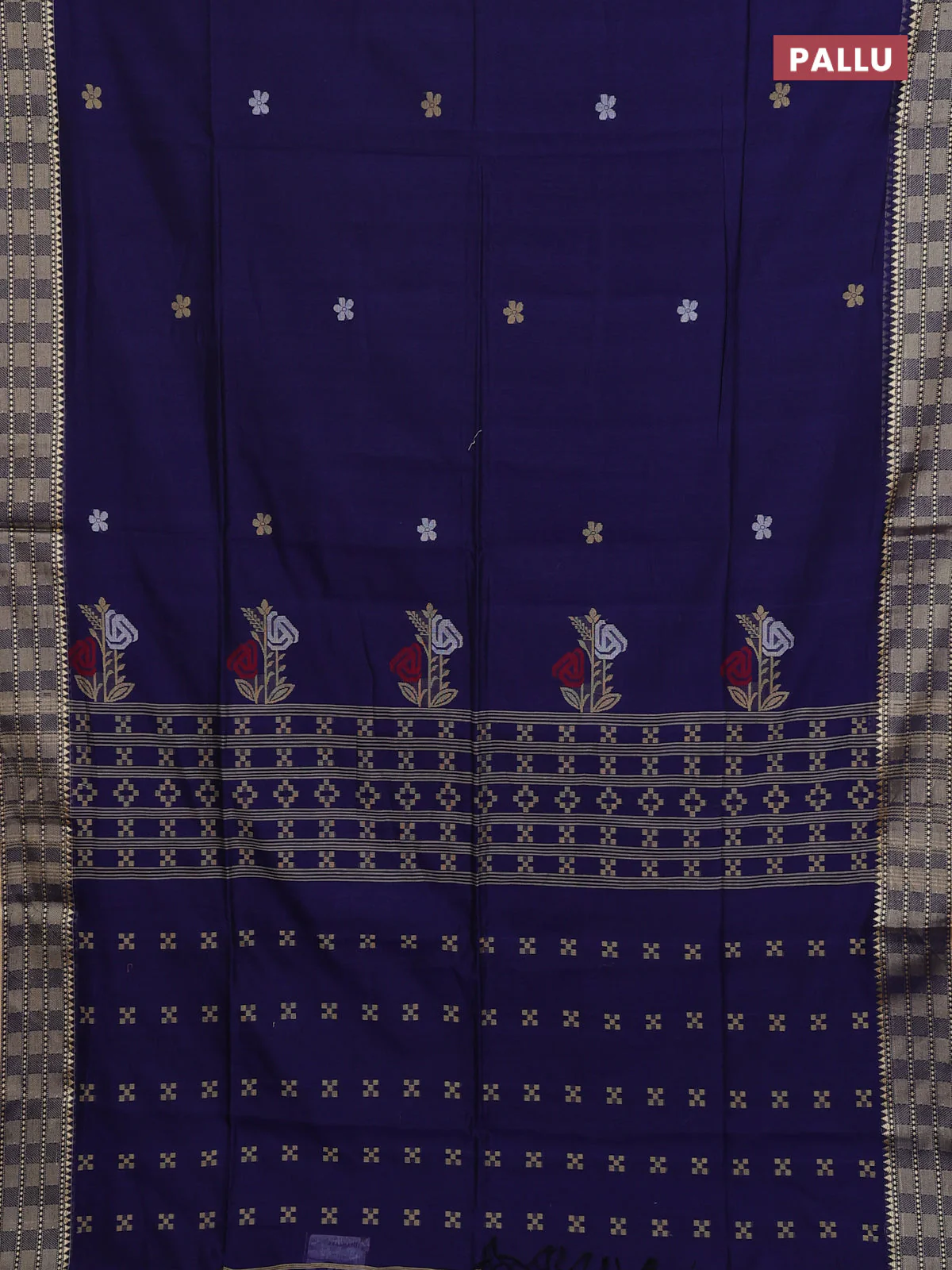 Bengal soft cotton saree navy blue with thread woven buttas and temple design thread woven border - Image 3
