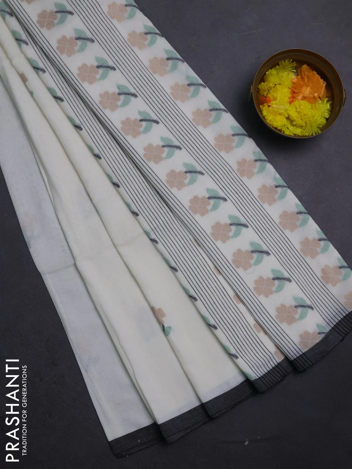 Bengal soft cotton saree off white and black with floral thread woven buttas and piping border