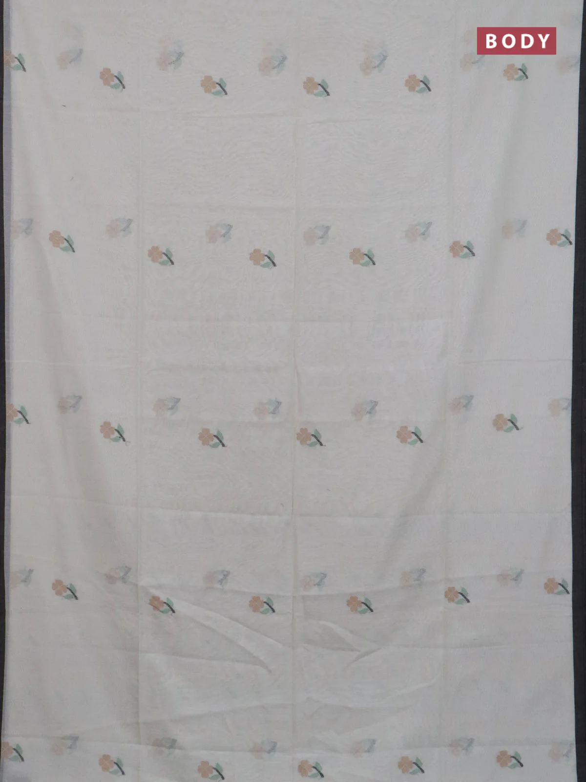 Bengal soft cotton saree off white and black with floral thread woven buttas and piping border - Image 2