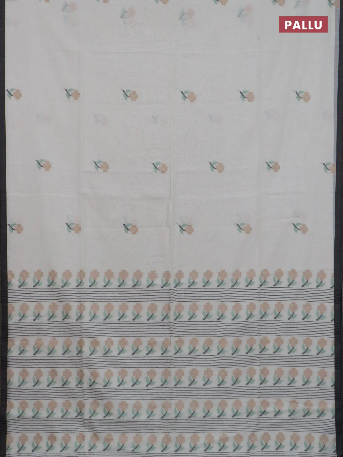 Bengal soft cotton saree off white and black with floral thread woven buttas and piping border - Image 3