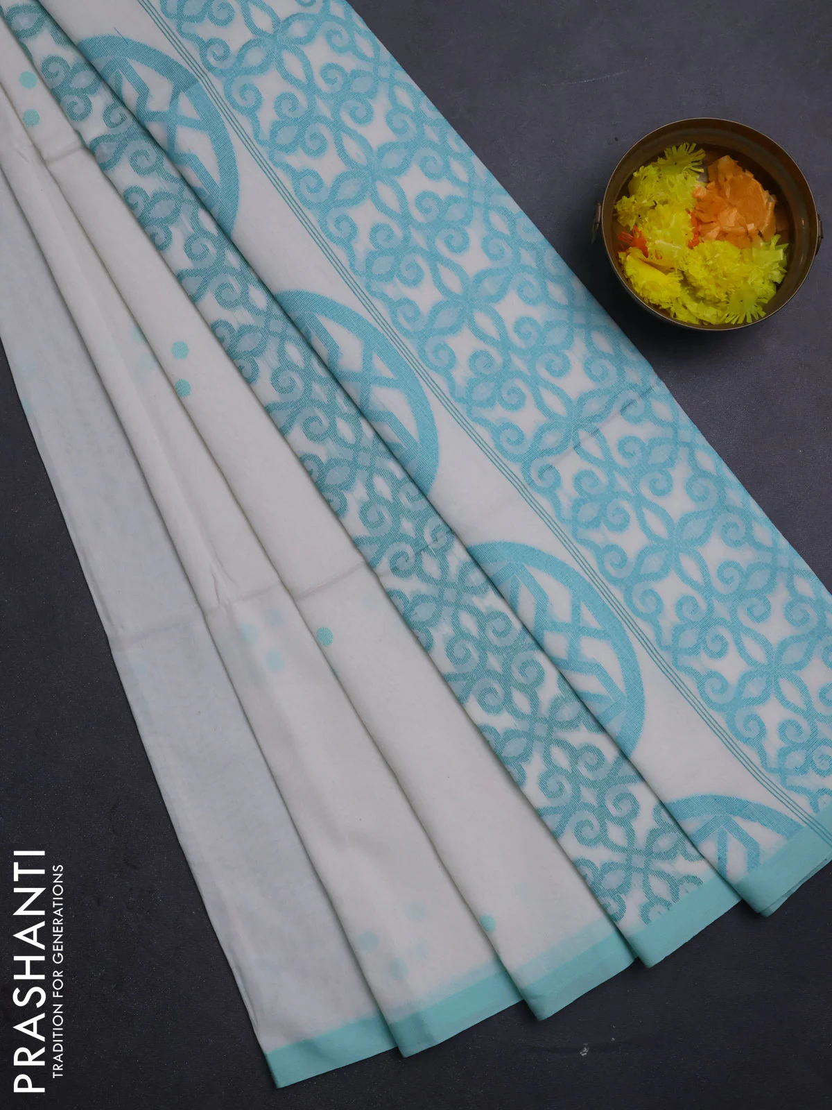 Bengal soft cotton saree off white and teal green with thread woven buttas and piping border