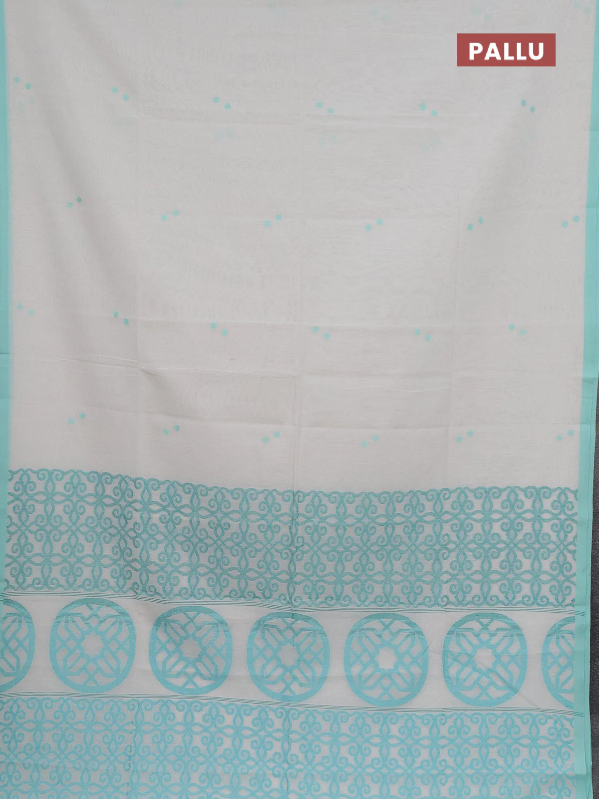 Bengal soft cotton saree off white and teal green with thread woven buttas and piping border - Image 3