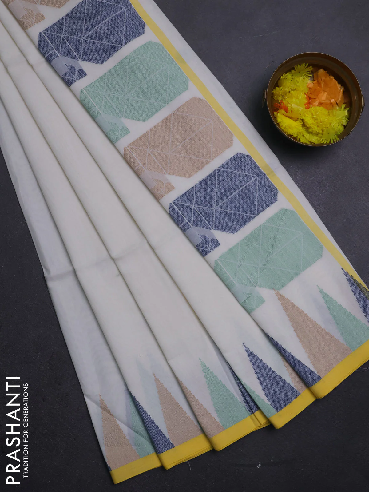 Bengal soft cotton saree off white and yellow with thread woven buttas and temple thread woven border