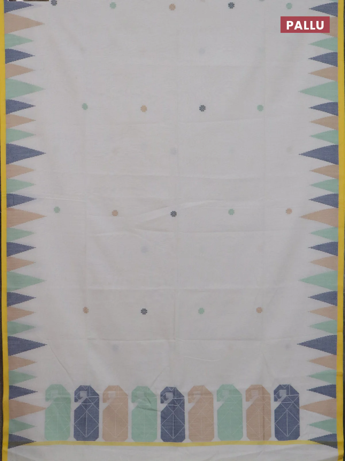 Bengal soft cotton saree off white and yellow with thread woven buttas and temple thread woven border - Image 3