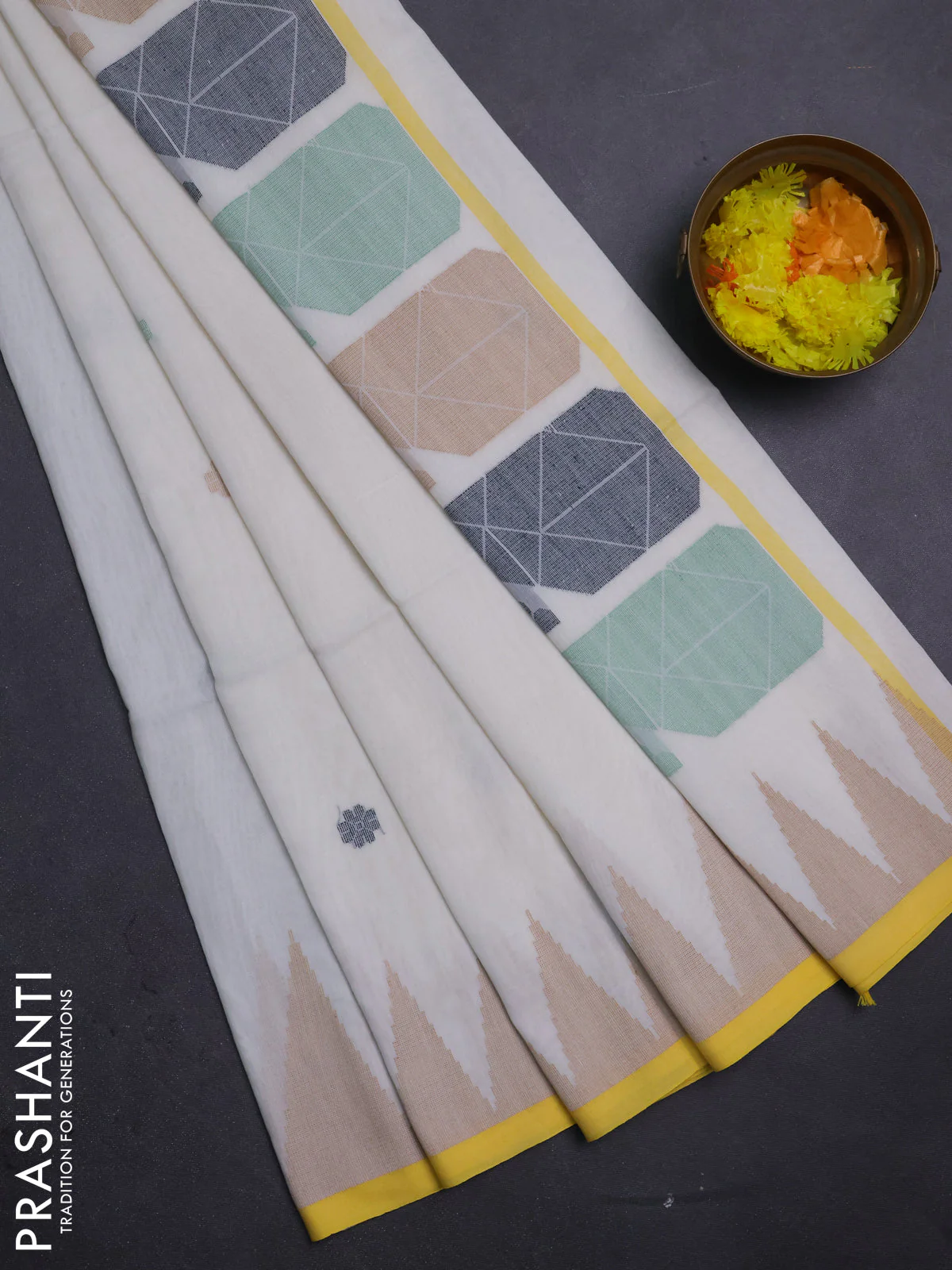 Bengal soft cotton saree off white and yellow with thread woven buttas and temple thread woven border