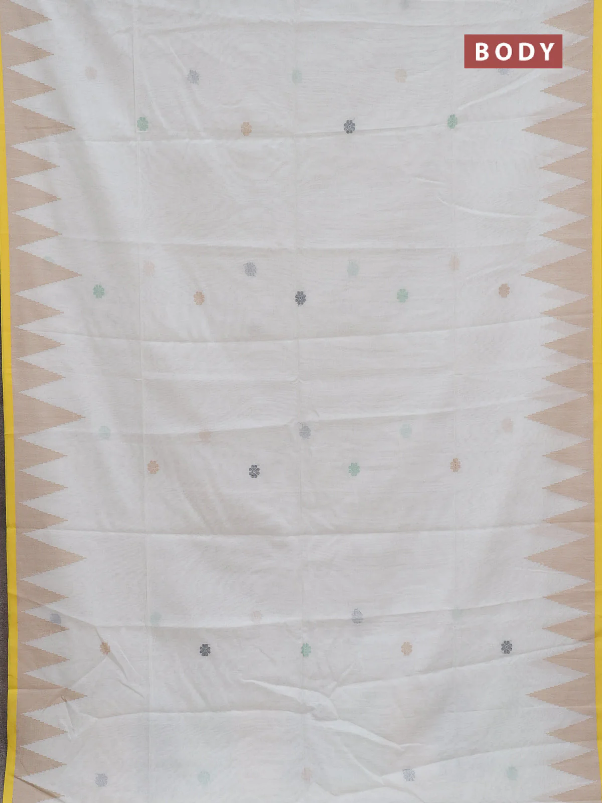 Bengal soft cotton saree off white and yellow with thread woven buttas and temple thread woven border - Image 2