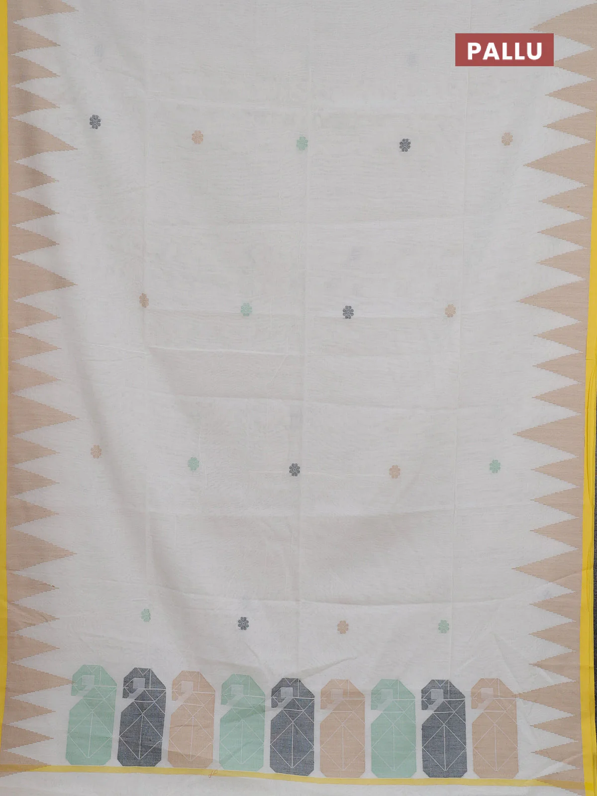 Bengal soft cotton saree off white and yellow with thread woven buttas and temple thread woven border - Image 3