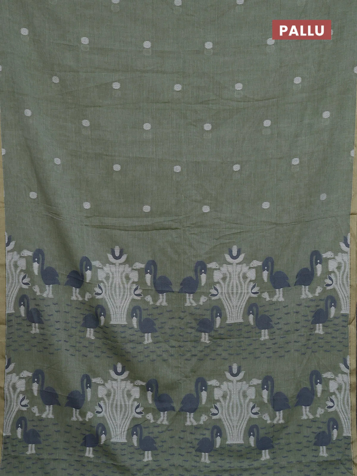 Bengal soft cotton saree pastel green and beige with thread woven buttas and piping border - Image 3