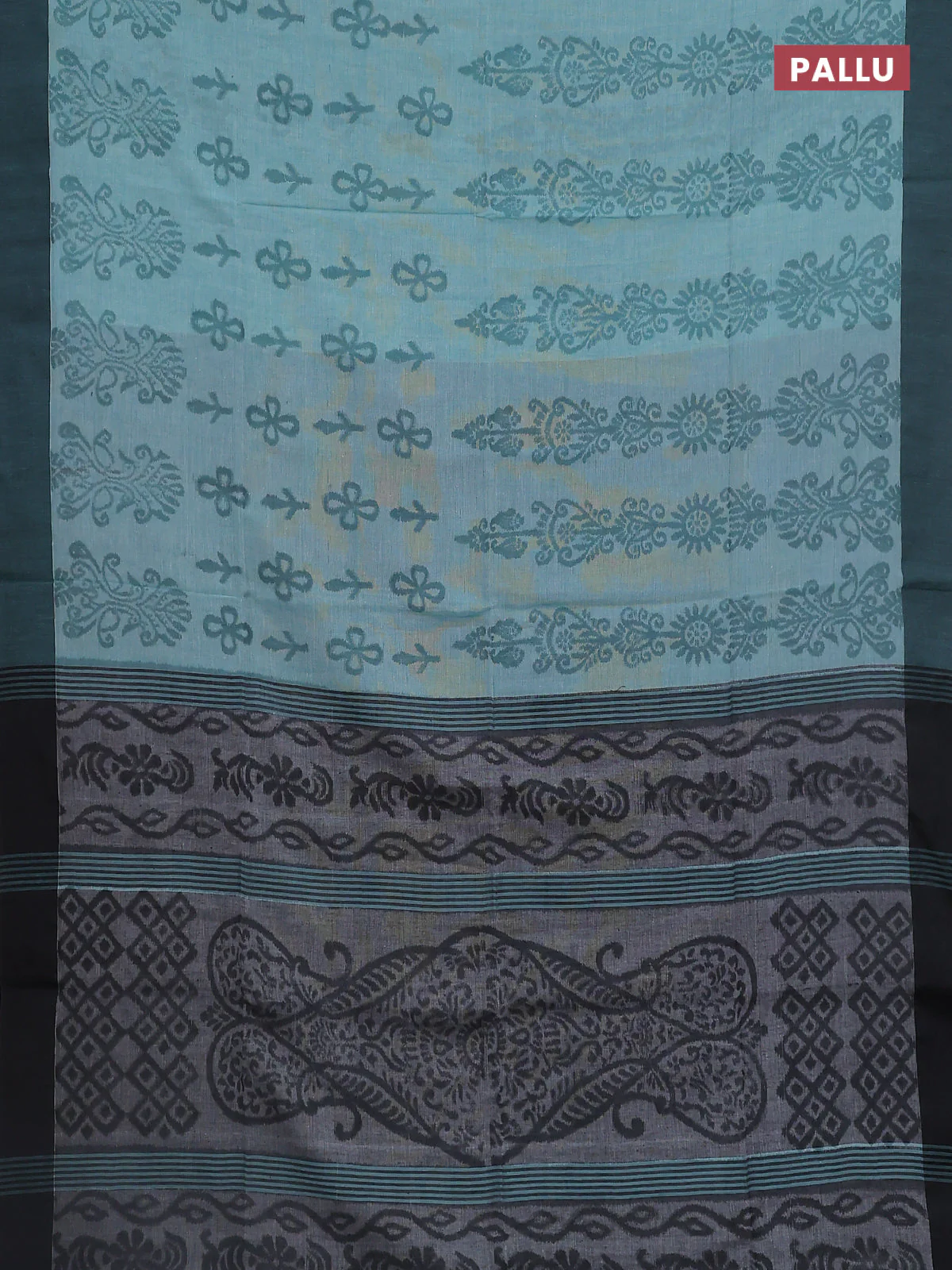 Bengal soft cotton saree pastel green and grey with allover weaves and simple border - Image 3