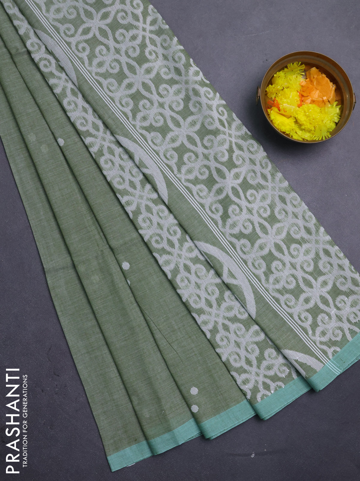 Bengal soft cotton saree pastel green with thread woven buttas and piping border